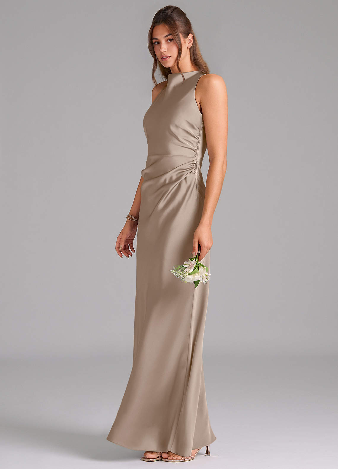 Evadne Sheath Scoop-Neck Stretch Satin Bridesmaid Dress in Taupe