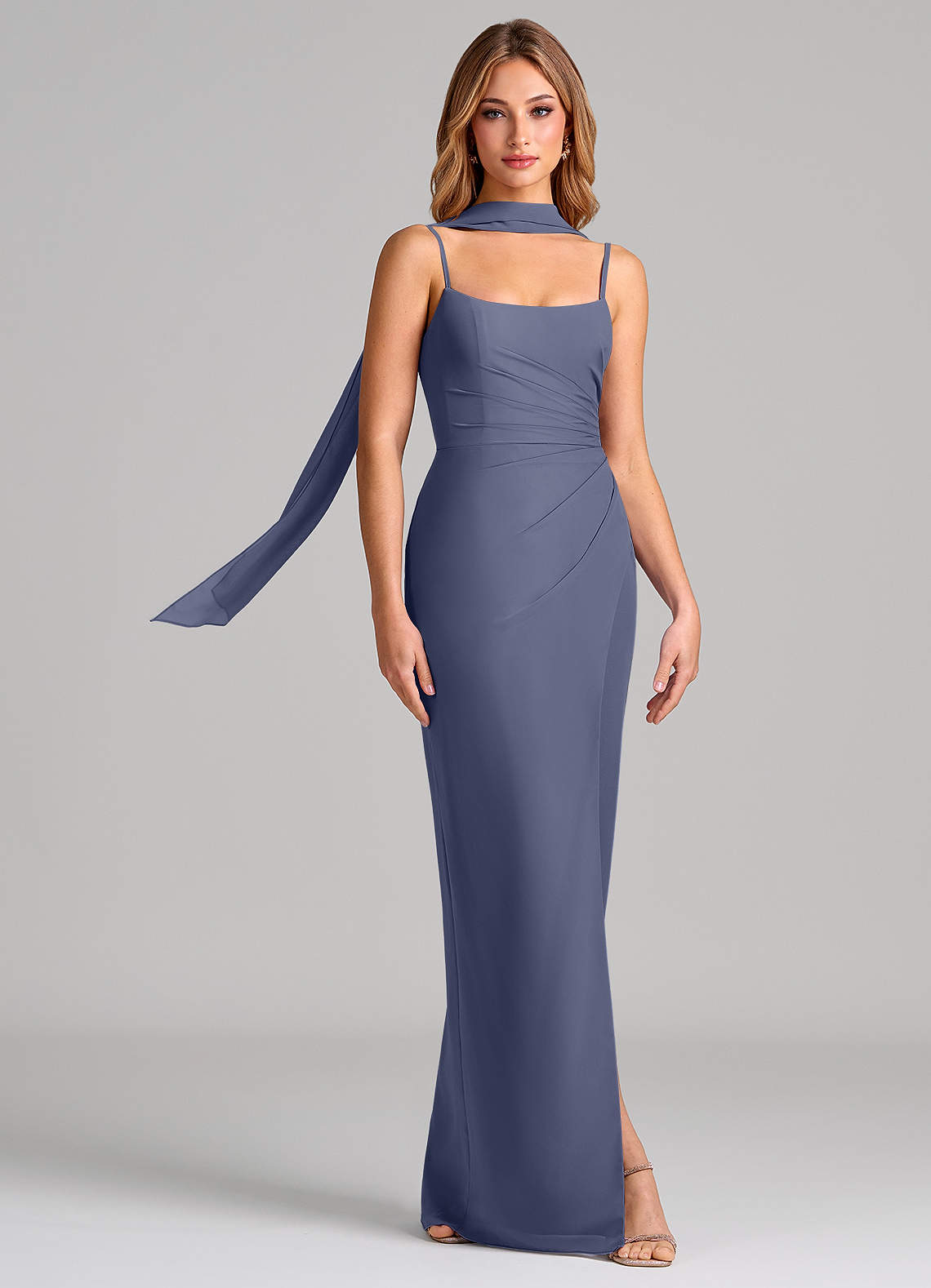 Calandra Sheath Scoop-Neck Chiffon Bridesmaid Dress in Stormy