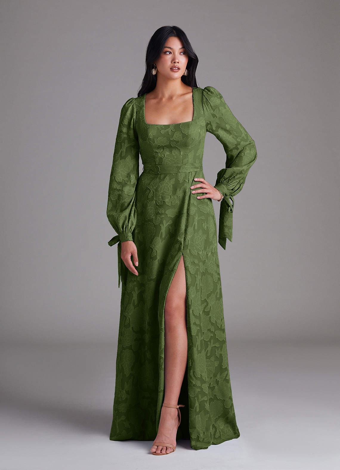 Leonia A-Line Square-Neck Stretch Satin Bridesmaid Dress in Olive