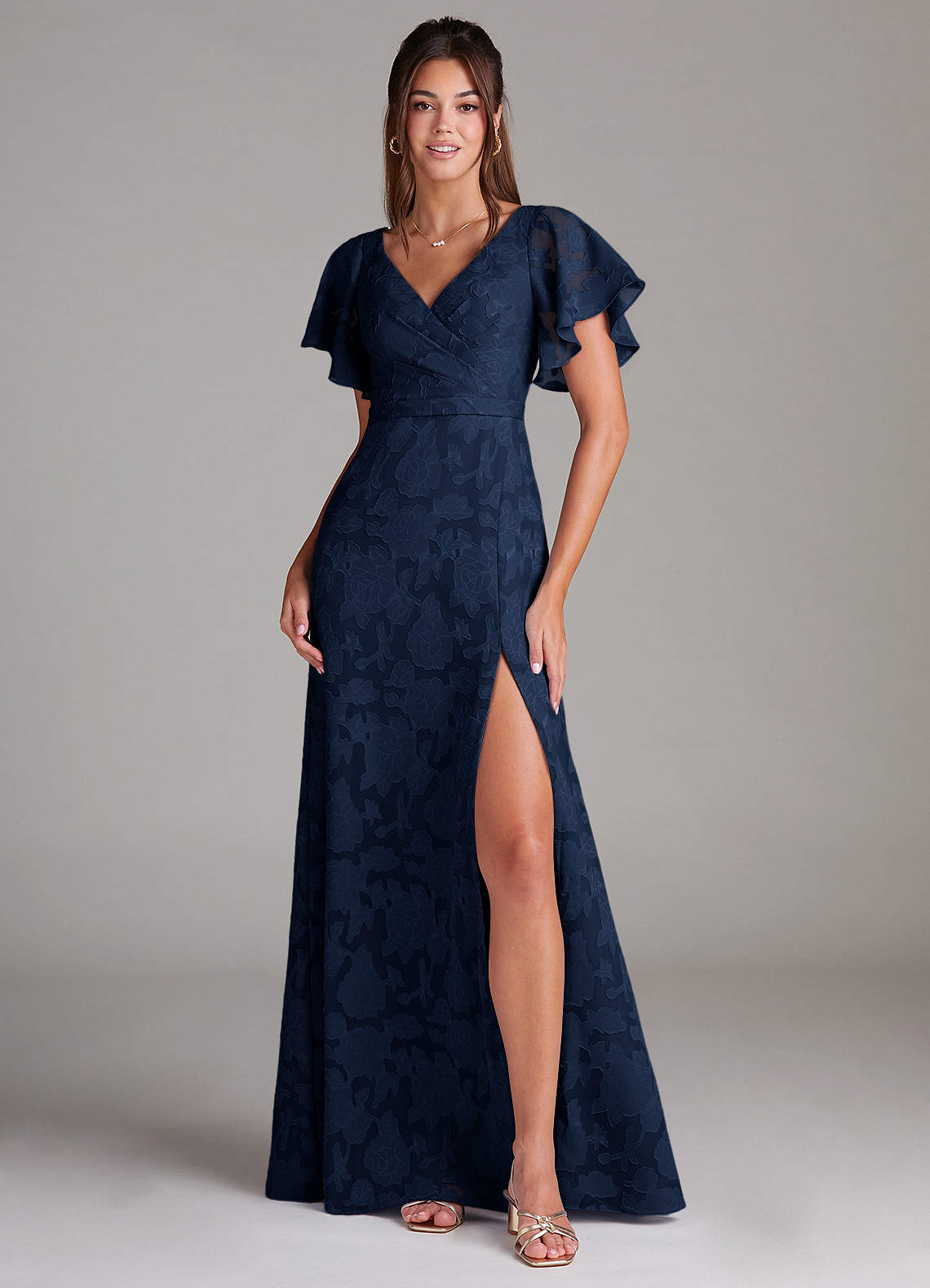Ambrosia A-Line V-Neck Floral Burnout Bridesmaid Dress in Dark Navy