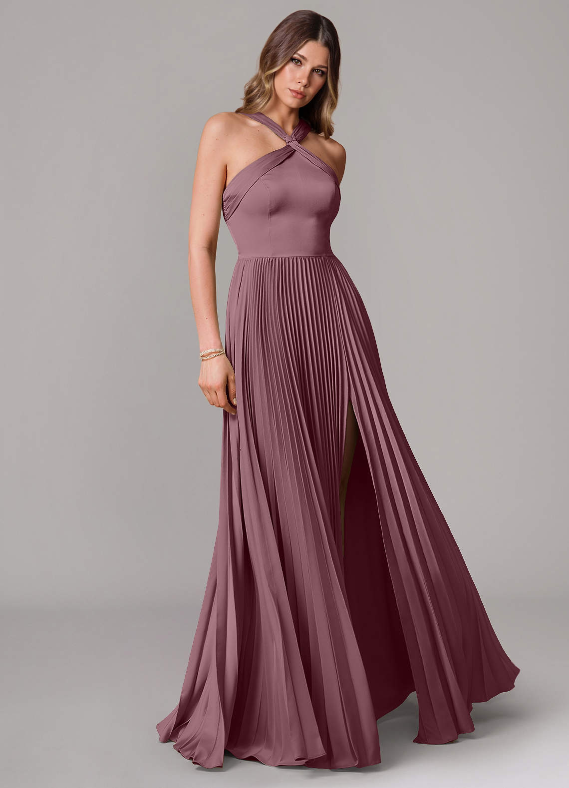 Afra A-Line Halter-Neck Stretch Satin Bridesmaid Dress in Amethyst