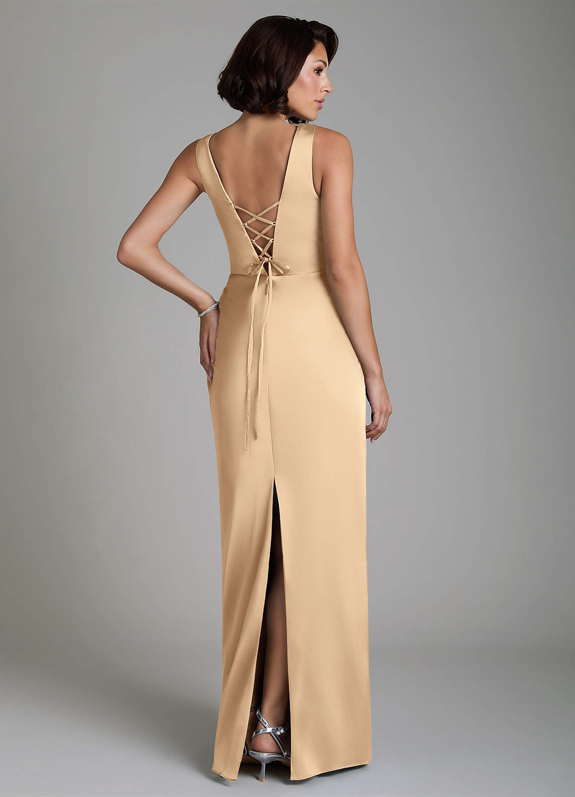Vanya Sheath V-Neck Stretch Satin Bridesmaid Dress in Champagne