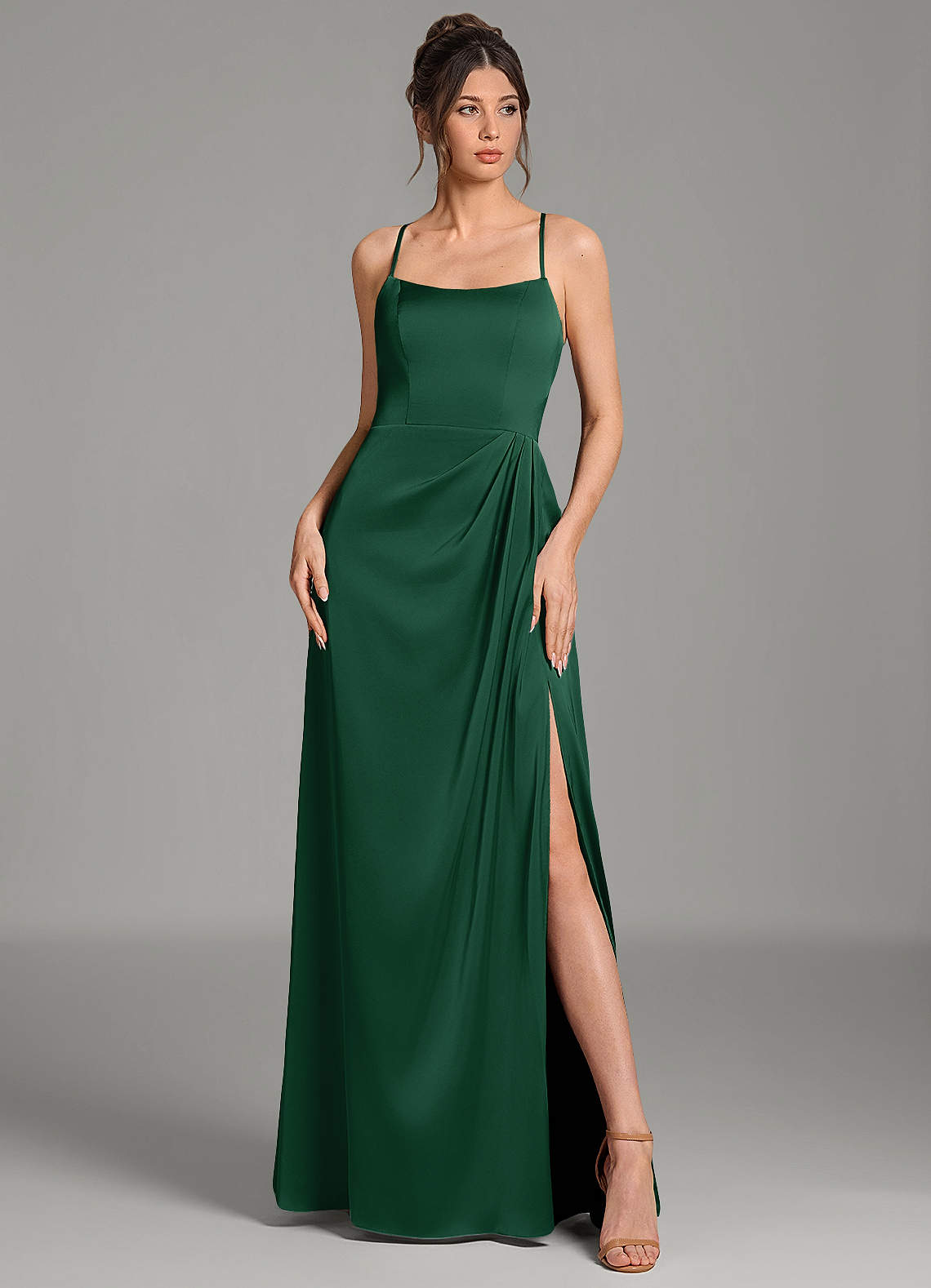 Frankie A-Line Scoop-Neck Stretch Satin Bridesmaid Dress in Dark Green