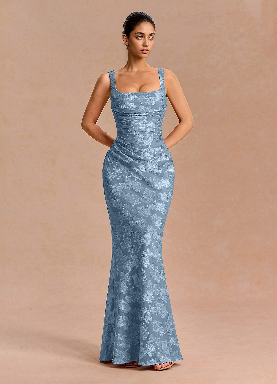 Agustina Square-Neck Pleated Fil Coupé Evening Dress in Lemon Sorbet