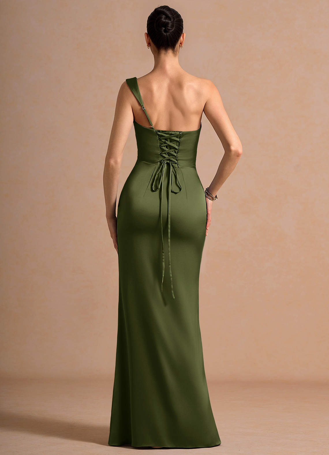 Cassiopeia One-Shoulder Draped Stretch Satin Evening Dress in Olive