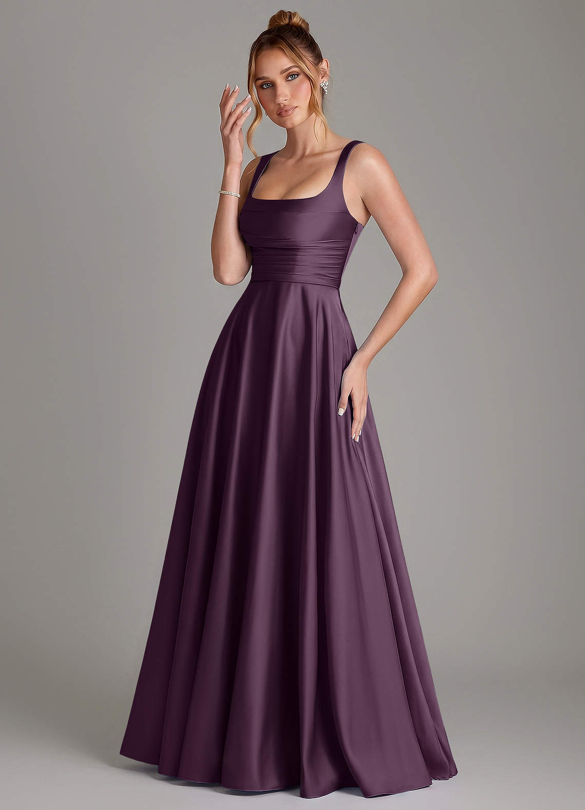 Azaria A-Line Square-Neck Stretch Satin Bridesmaid Dress in Plum