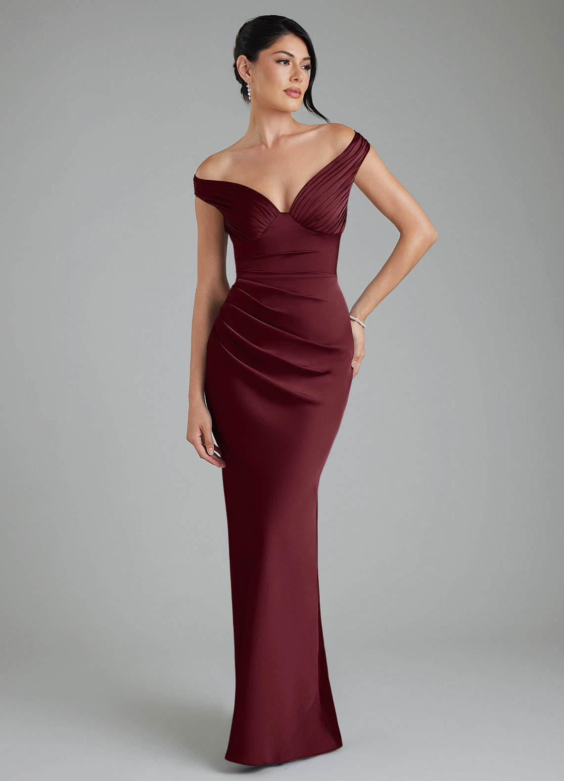 Stella Sheath V-Neck Stretch Satin Bridesmaid Dress in Cabernet