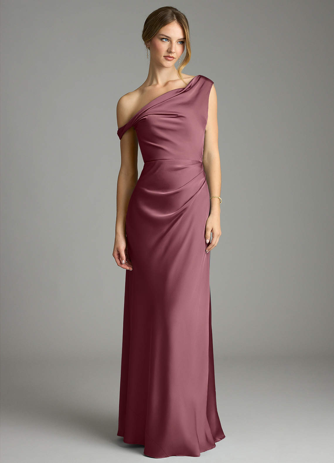 Emerson Mermaid One-Shoulder Stretch Satin Bridesmaid Dress in Desert Rose
