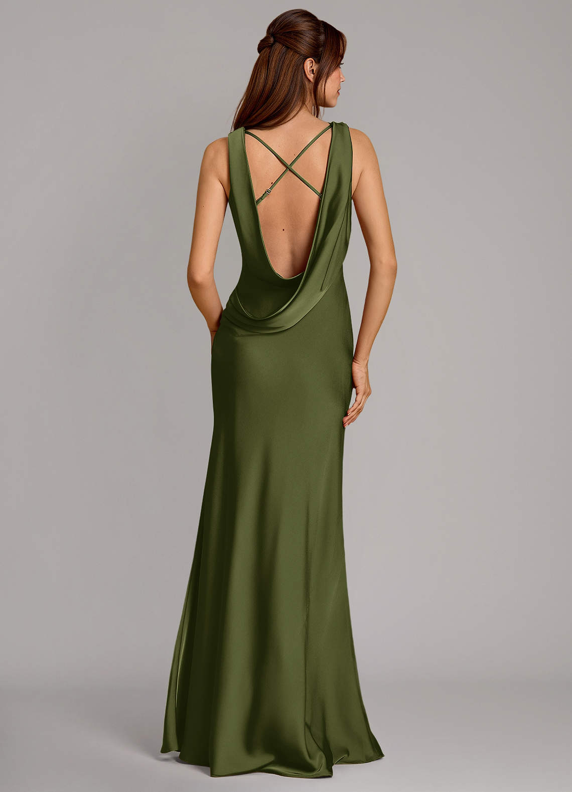 Cheryl Mermaid Cowl-Neck Stretch Satin Bridesmaid Dress in Olive