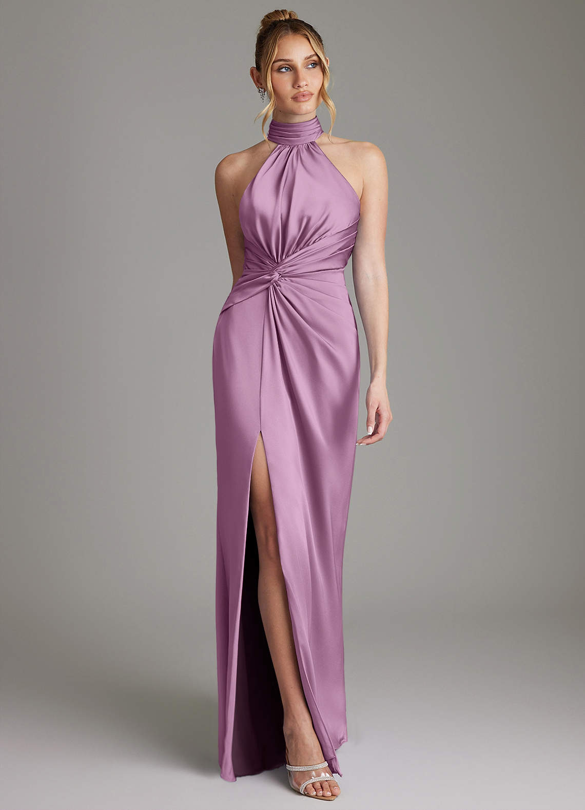 Gracelynn Sheath Halter Stretch Satin Bridesmaid Dress in Wisteria