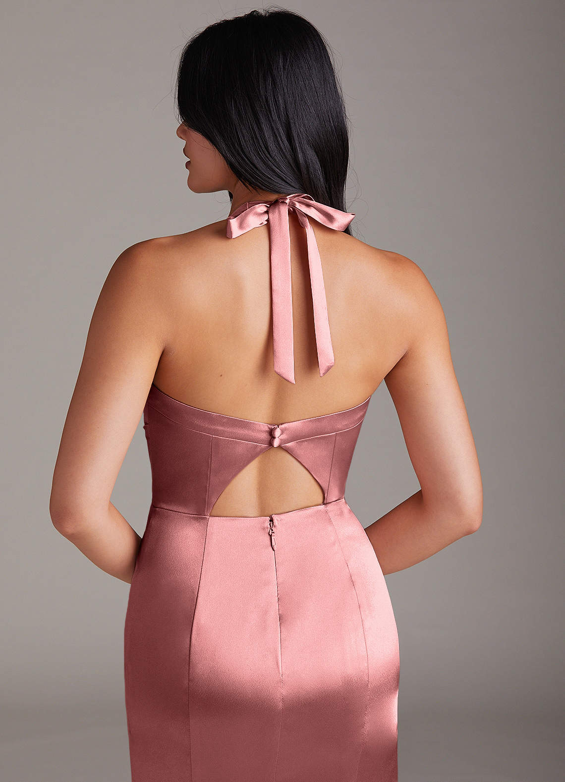 Emeria Sheath Halter Metallic Satin Bridesmaid Dress in Rosette