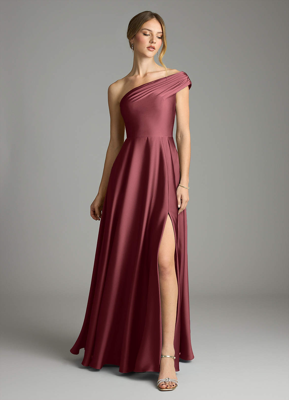 Melanie A-Line One-Shoulder Stretch Satin Bridesmaid Dress in Merlot