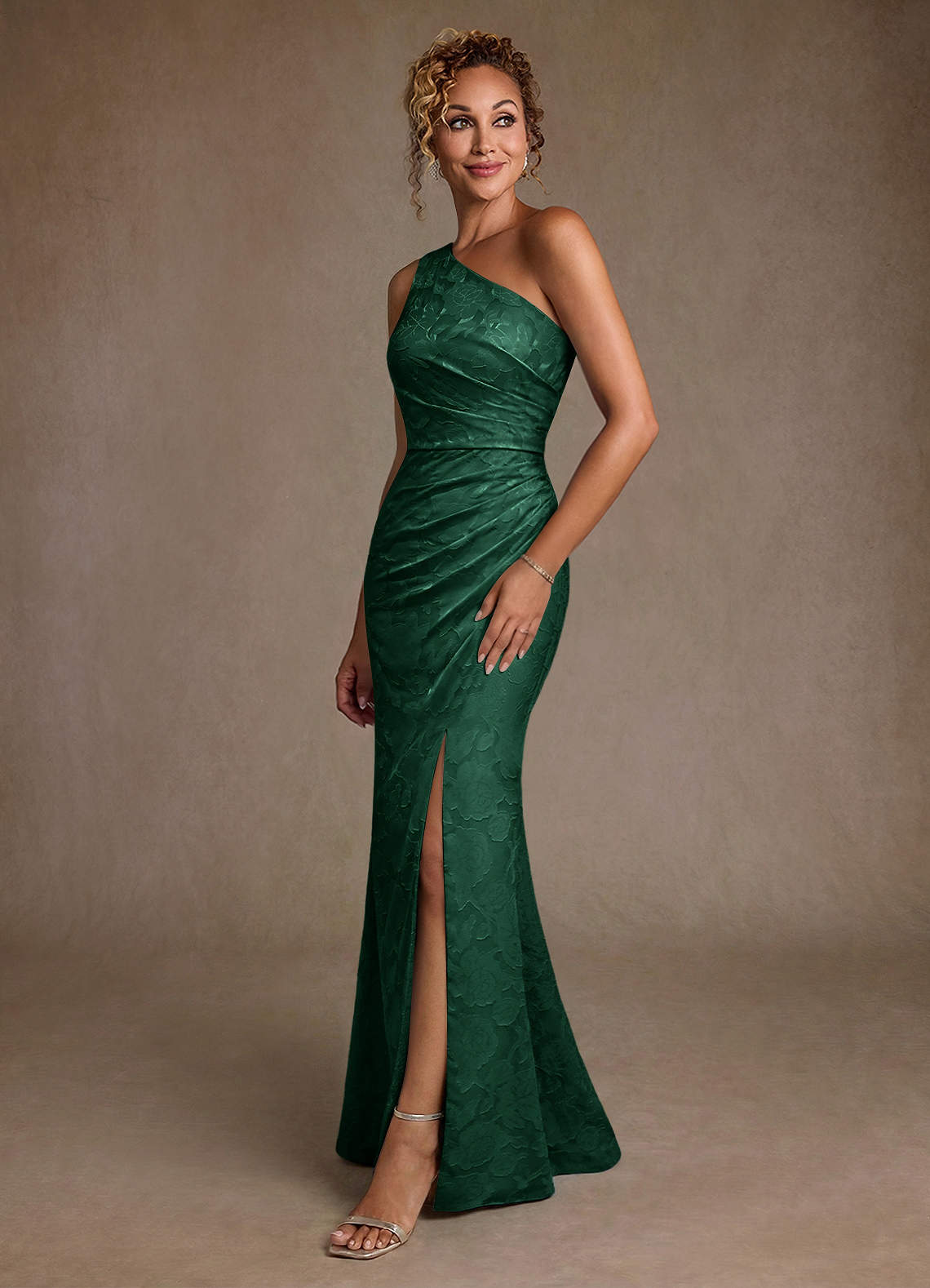 Joylin Trumpet One-Shoulder Floral Burnout Mother of the Bride Dress in Dark Green
