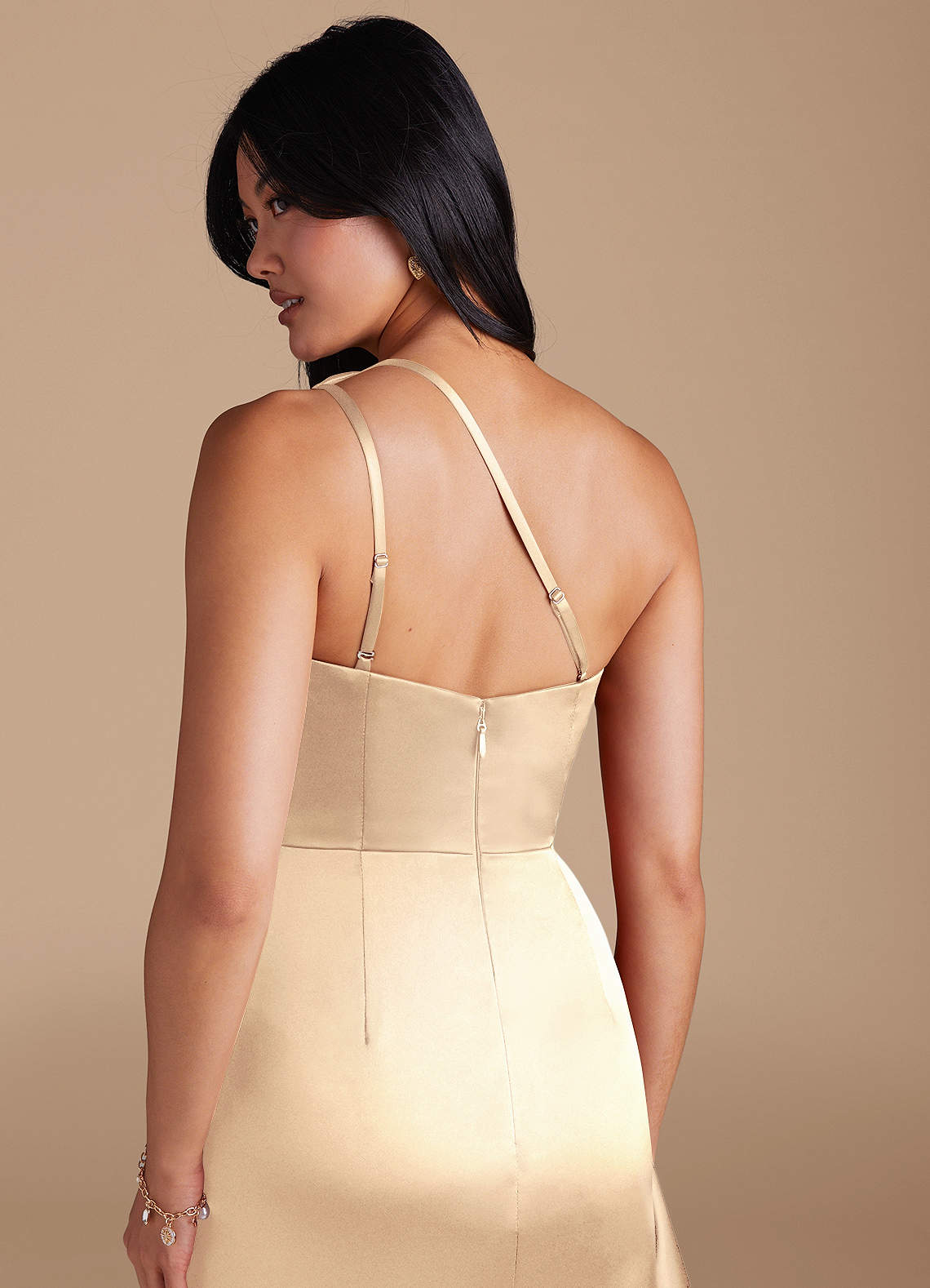 Latrice Sheath One-Shoulder Metallic Satin Bridesmaid Dress in Gold