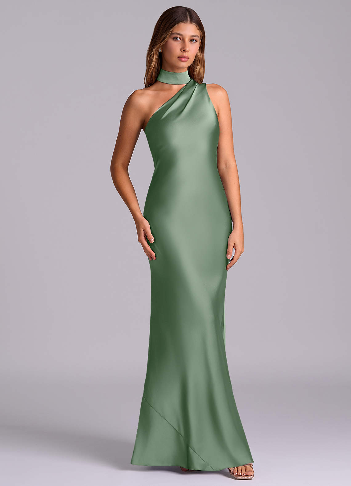 Seona Mermaid One-Shoulder Stretch Satin and Tulle Bridesmaid Dress in Matcha