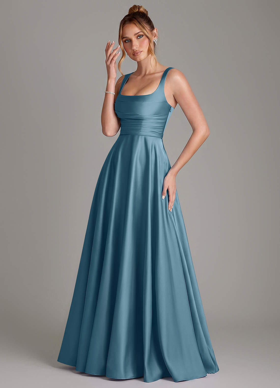 Azaria A-Line Square-Neck Stretch Satin Bridesmaid Dress in Bermuda