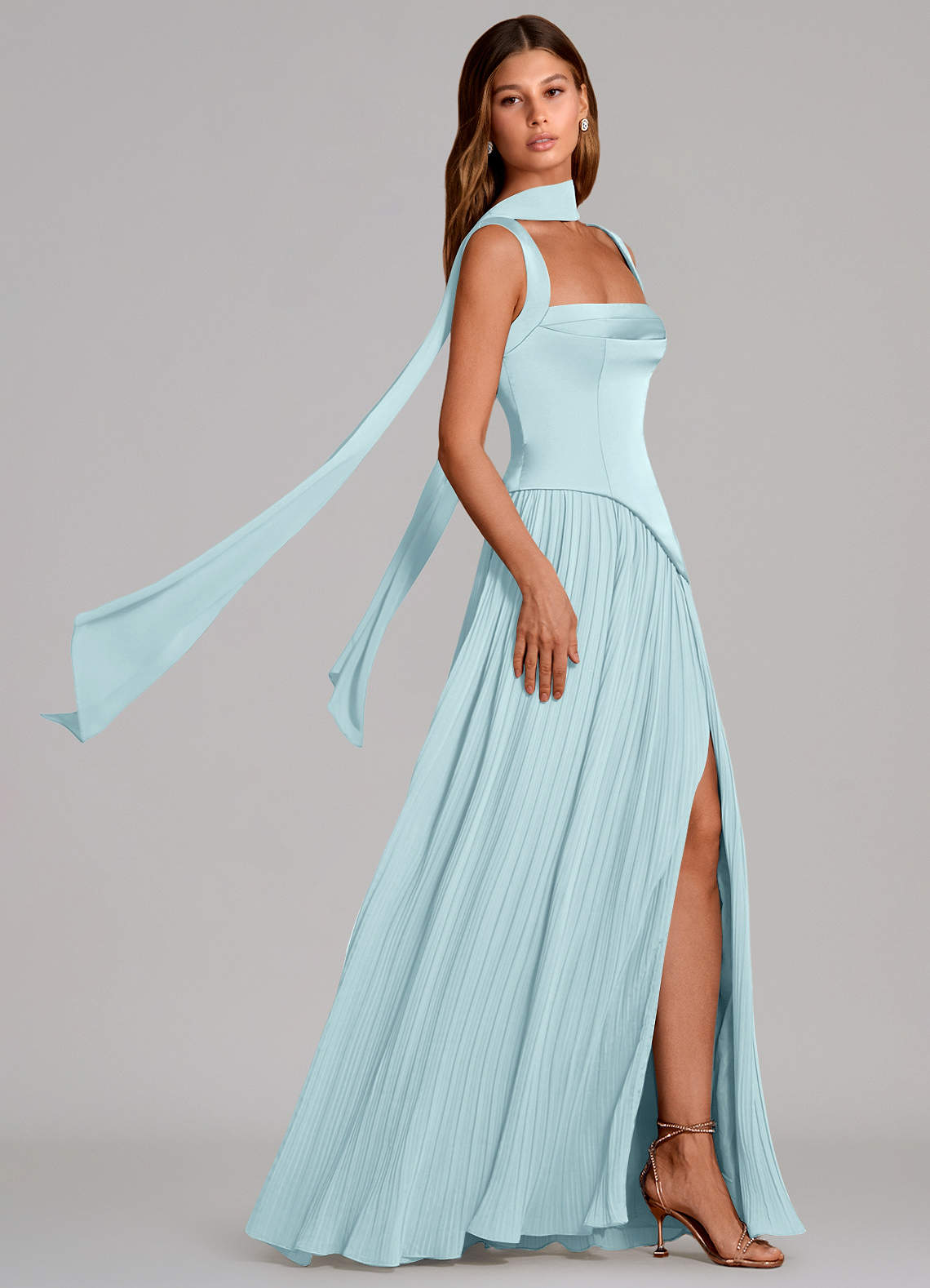 Stephanie A-Line Square-Neck Stretch Satin and Chiffon Bridesmaid Dress in Cloud Blue