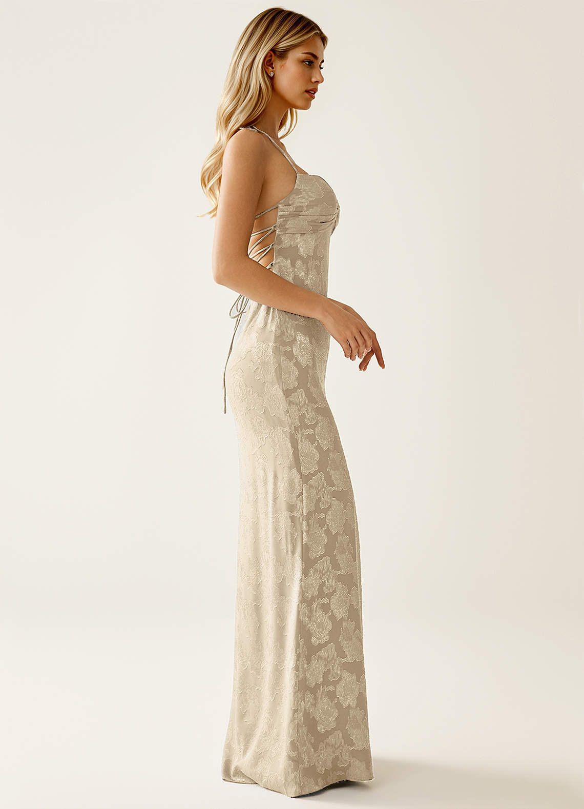 Angena Sheath Halter Floral Burnout Evening Dress in Cream