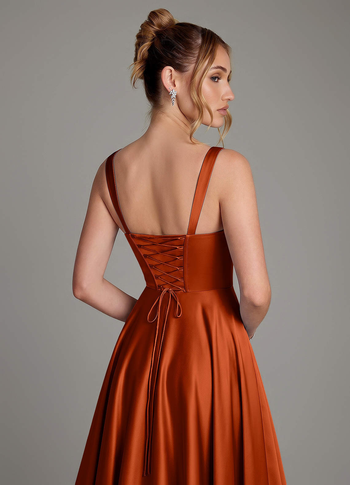 Azaria A-Line Square-Neck Stretch Satin Bridesmaid Dress in Paprika