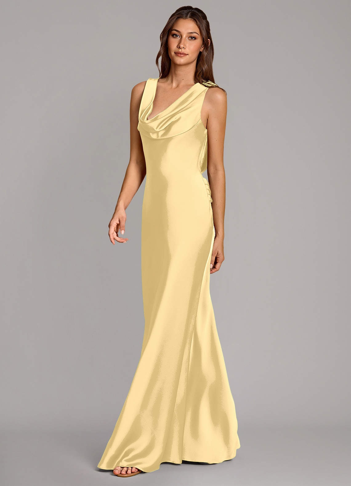 Cheryl Mermaid Cowl-Neck Stretch Satin Bridesmaid Dress in Butter