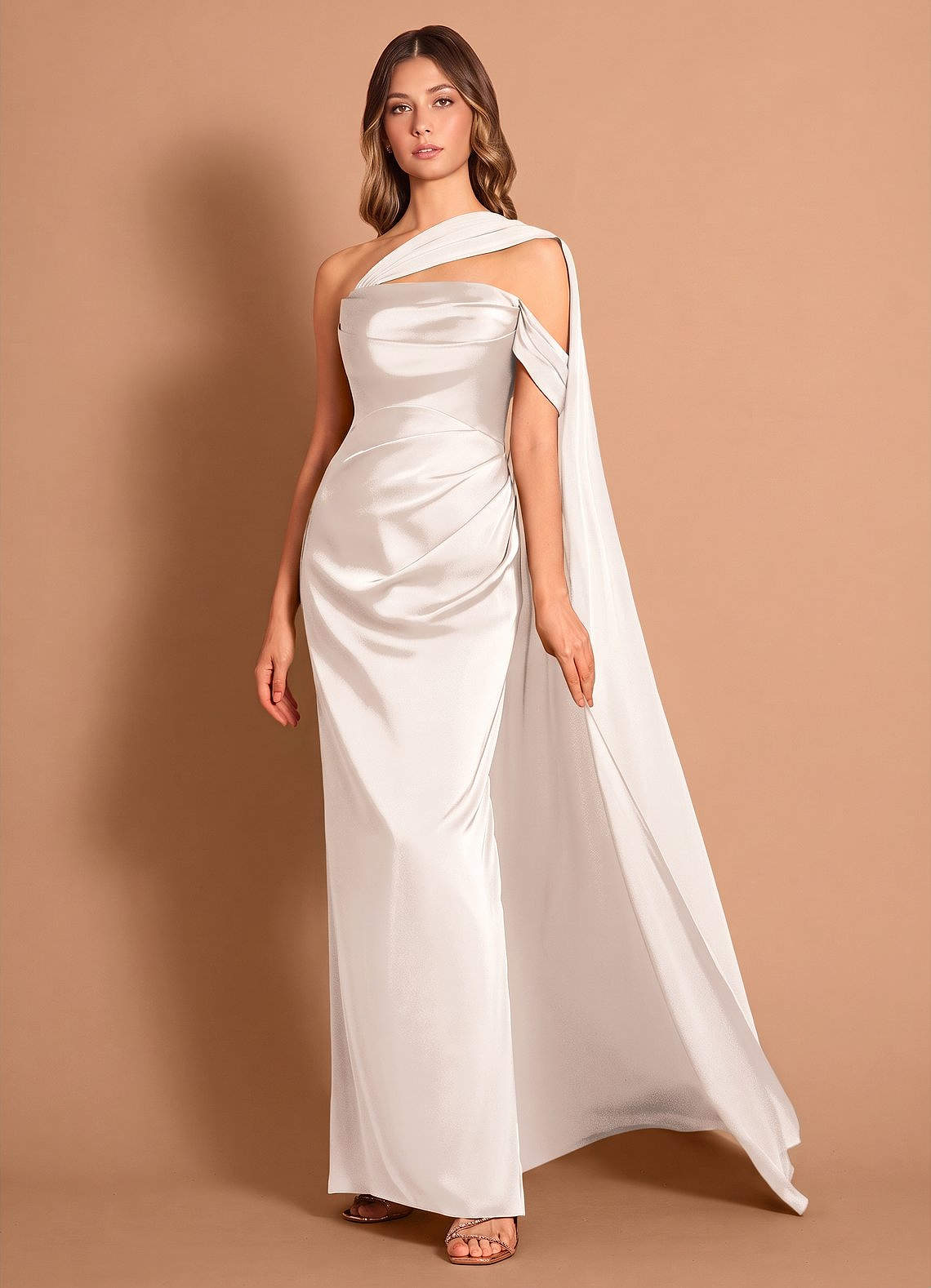 Meliora Asymmetric Strapless Chiffon-Drape Stretch Satin Evening Dress in Haze Pink