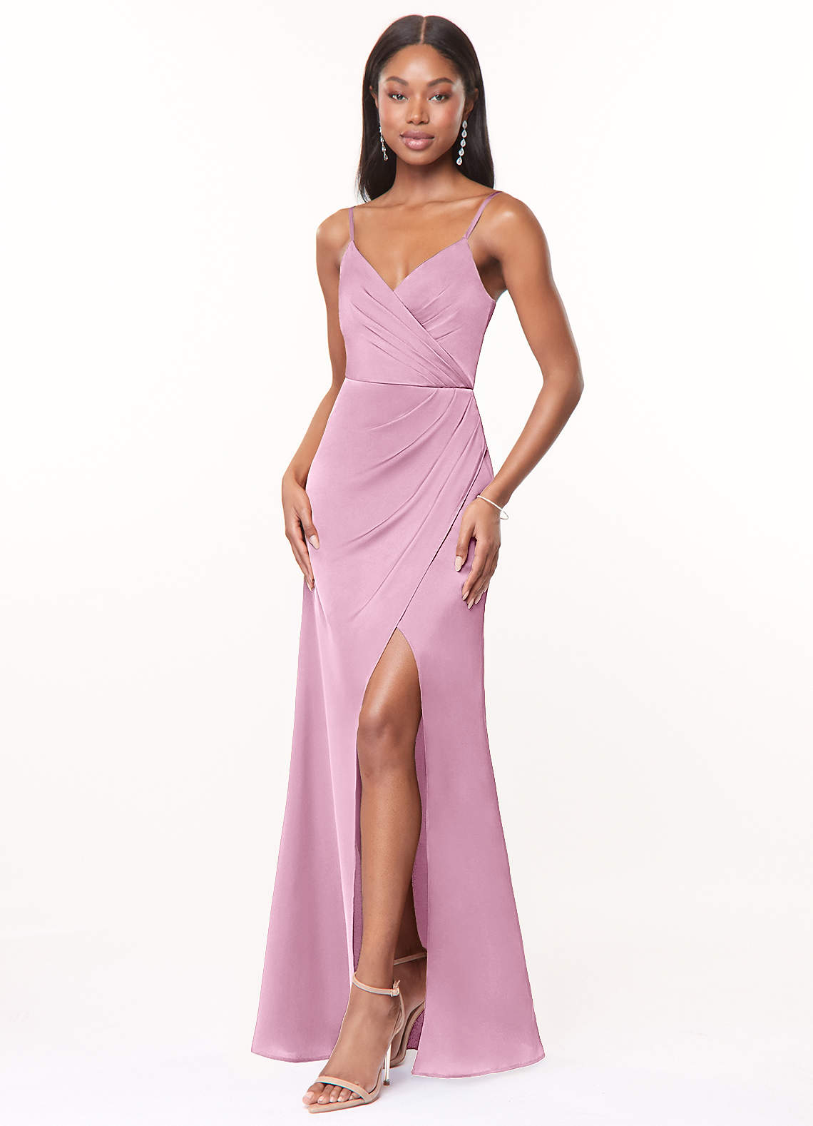Maci A-Line V-Neck Stretch Satin Bridesmaid Dress in candy pink
