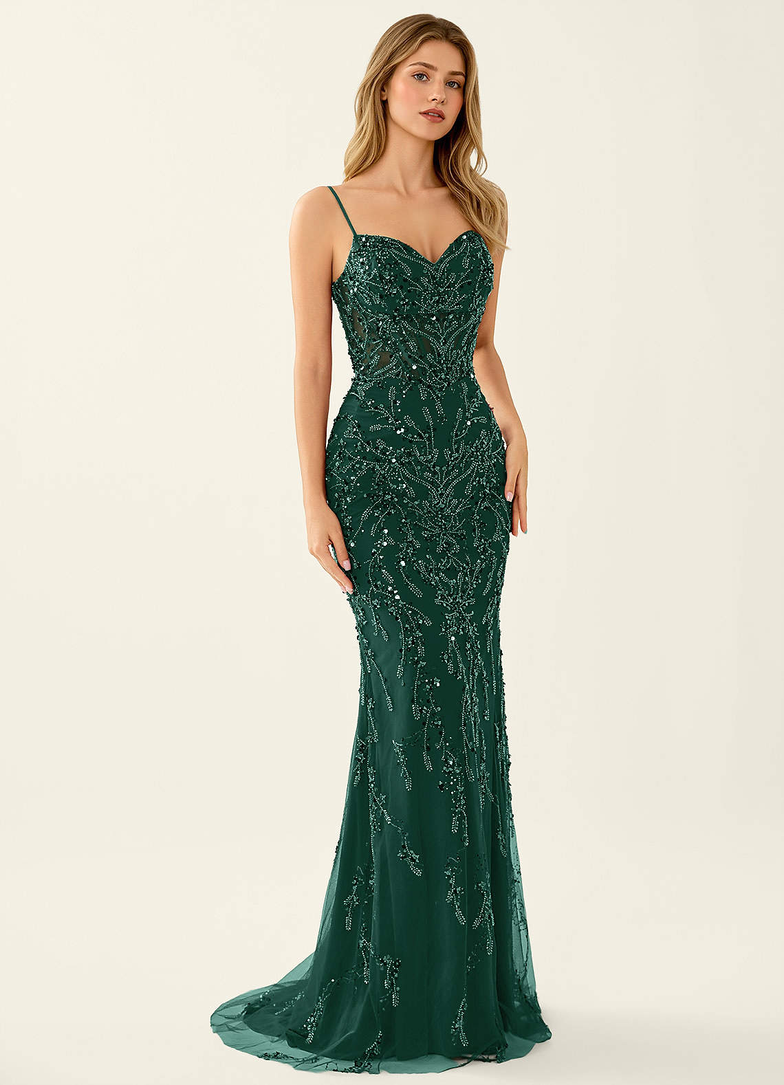 Zivah Mermaid V-Neck Beaded Stretch Mesh Evening Dress in Burgundy