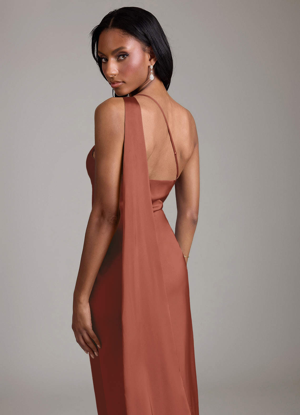 Juniper Mermaid One-Shoulder Stretch Satin Bridesmaid Dress in Auburn
