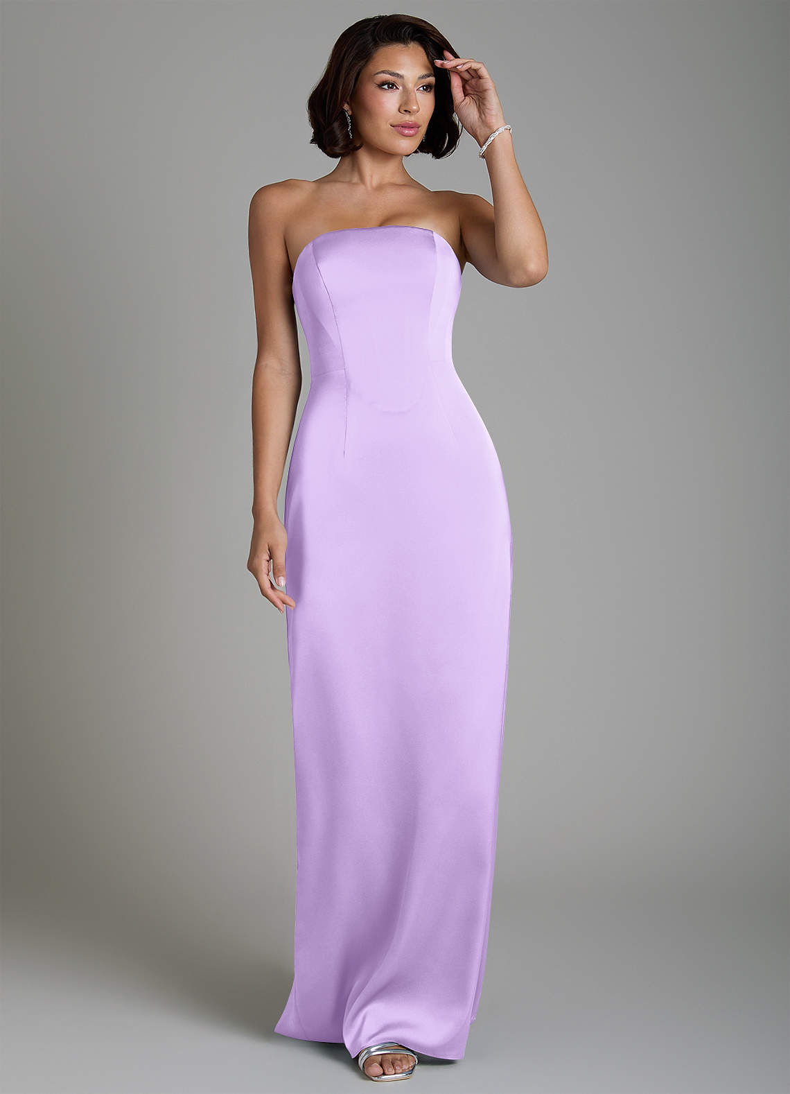 Fallyn Sheath Strapless Stretch Satin Bridesmaid Dress in Lilac