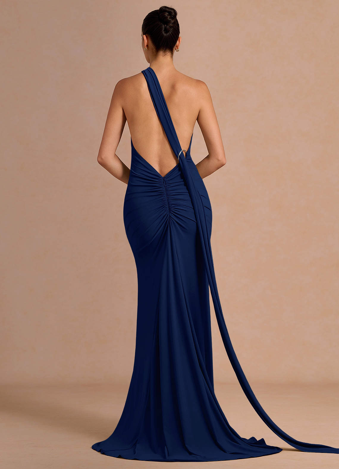 Miliani Sheath Neck-Tie Stretch Knit Evening Dress in Navy