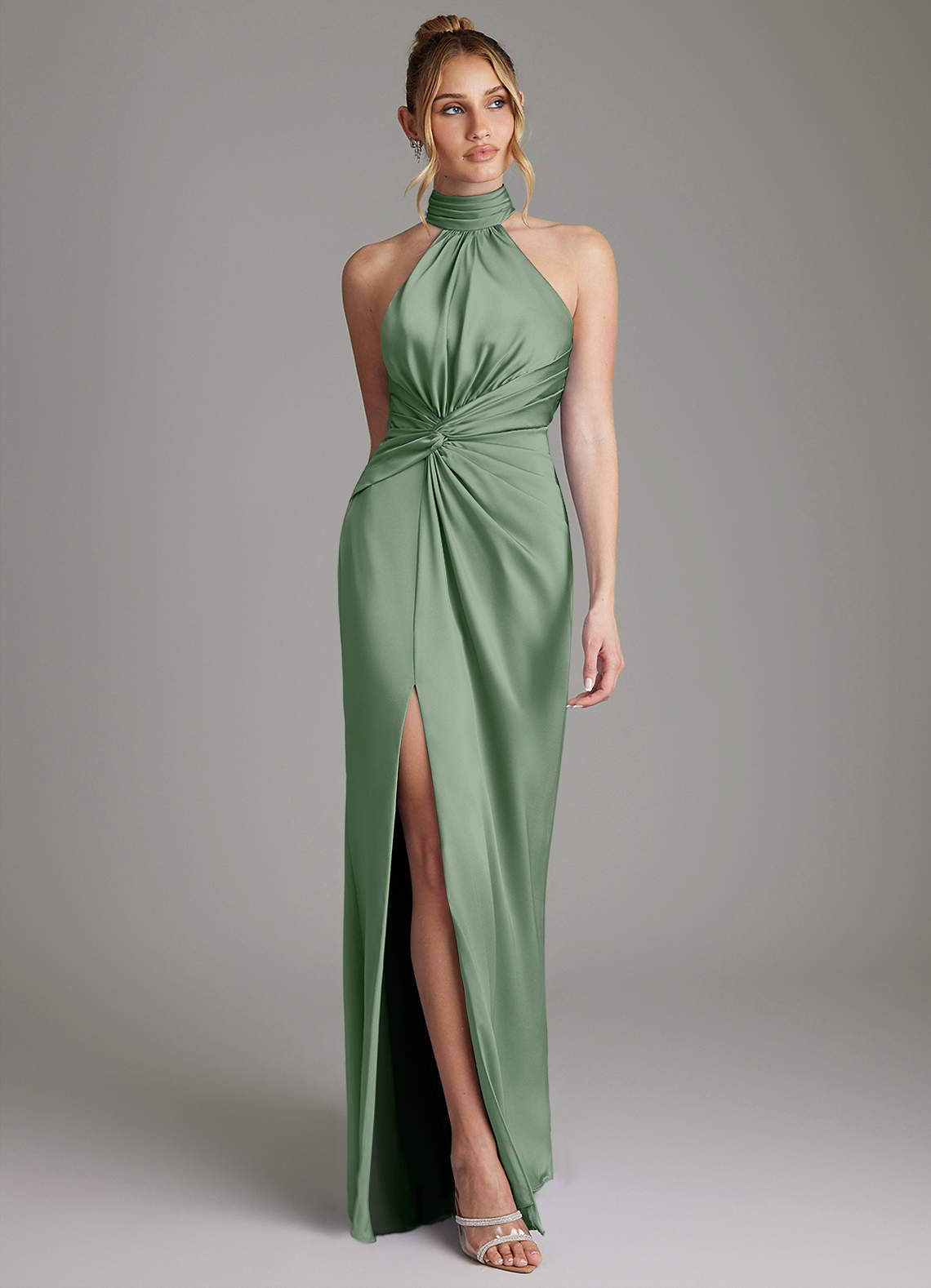 Gracelynn Sheath Halter Stretch Satin Bridesmaid Dress in Matcha