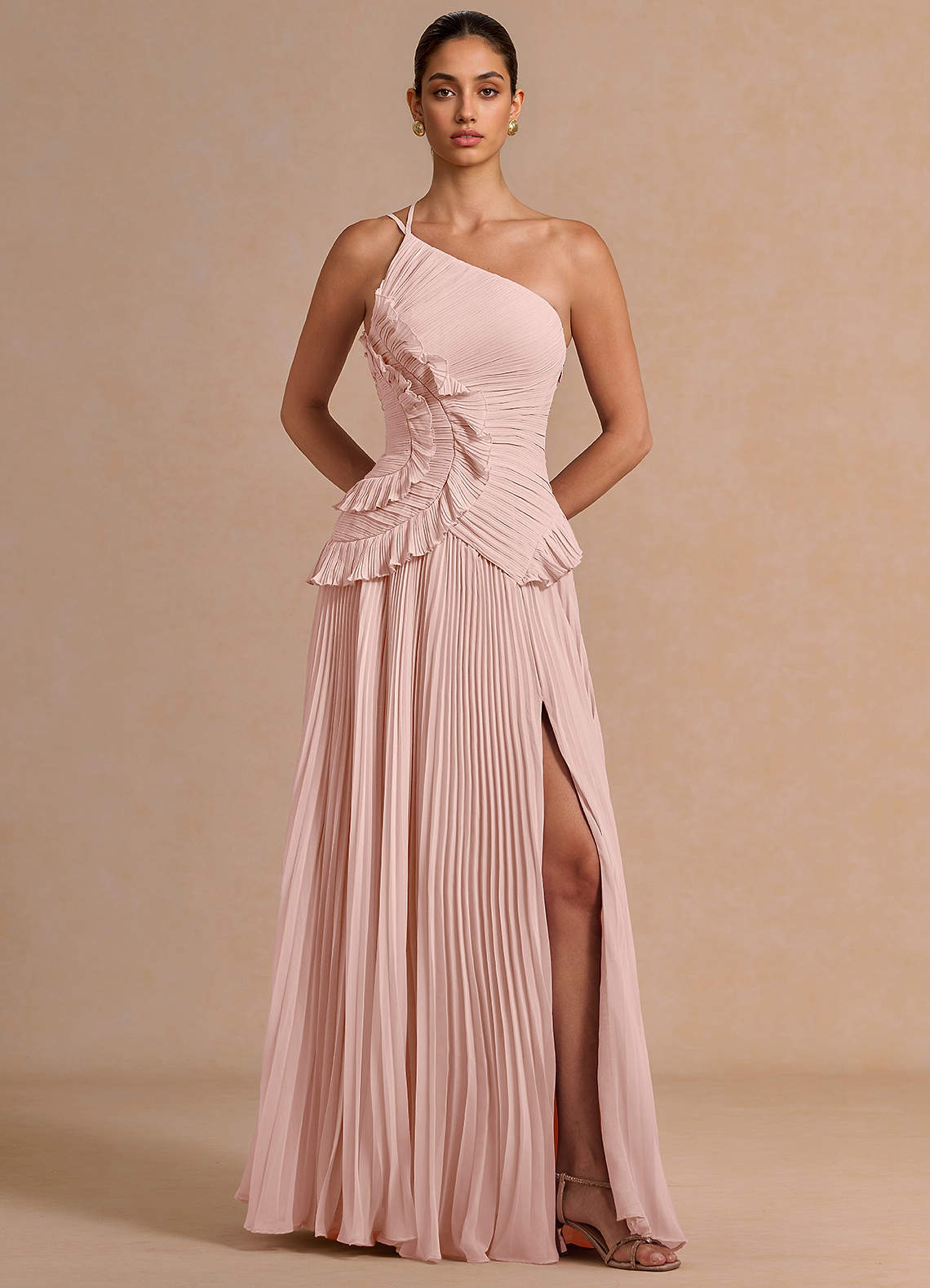 Melody A-Line One-Shoulder Chiffon Evening Dress in Herb Green