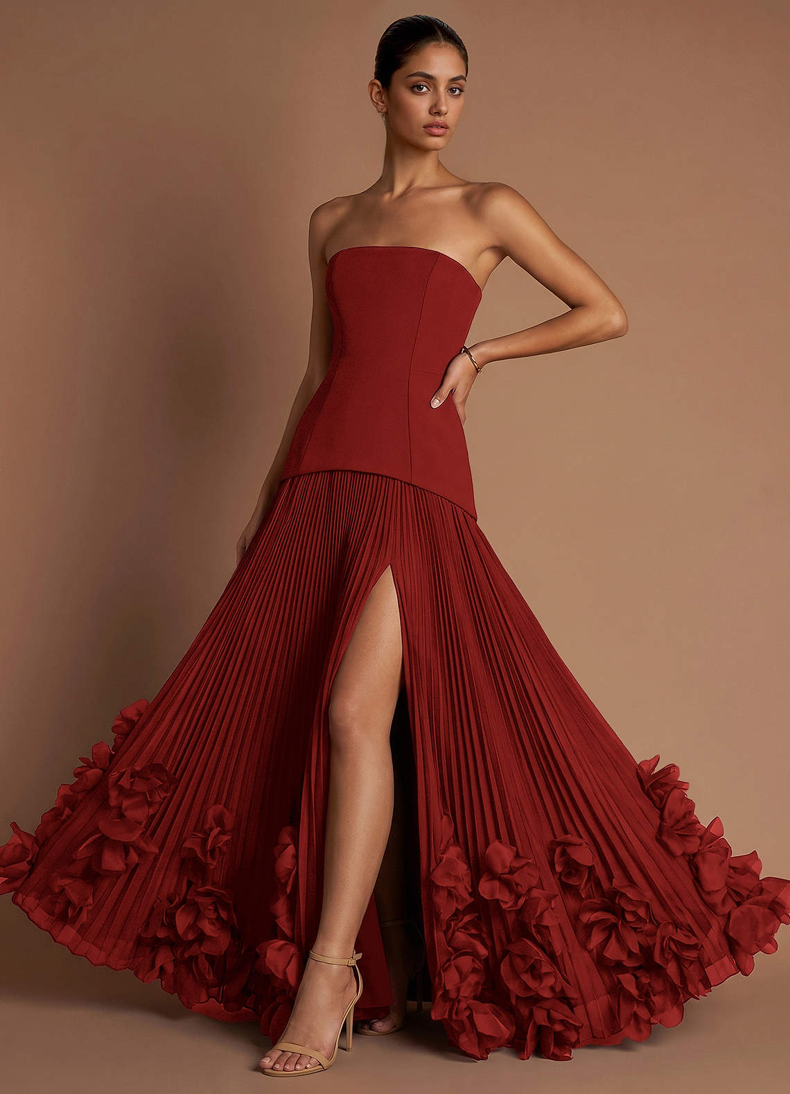 Marnie A-Line Corset Crepe Chiffon Evening Dress in Burnt Umber