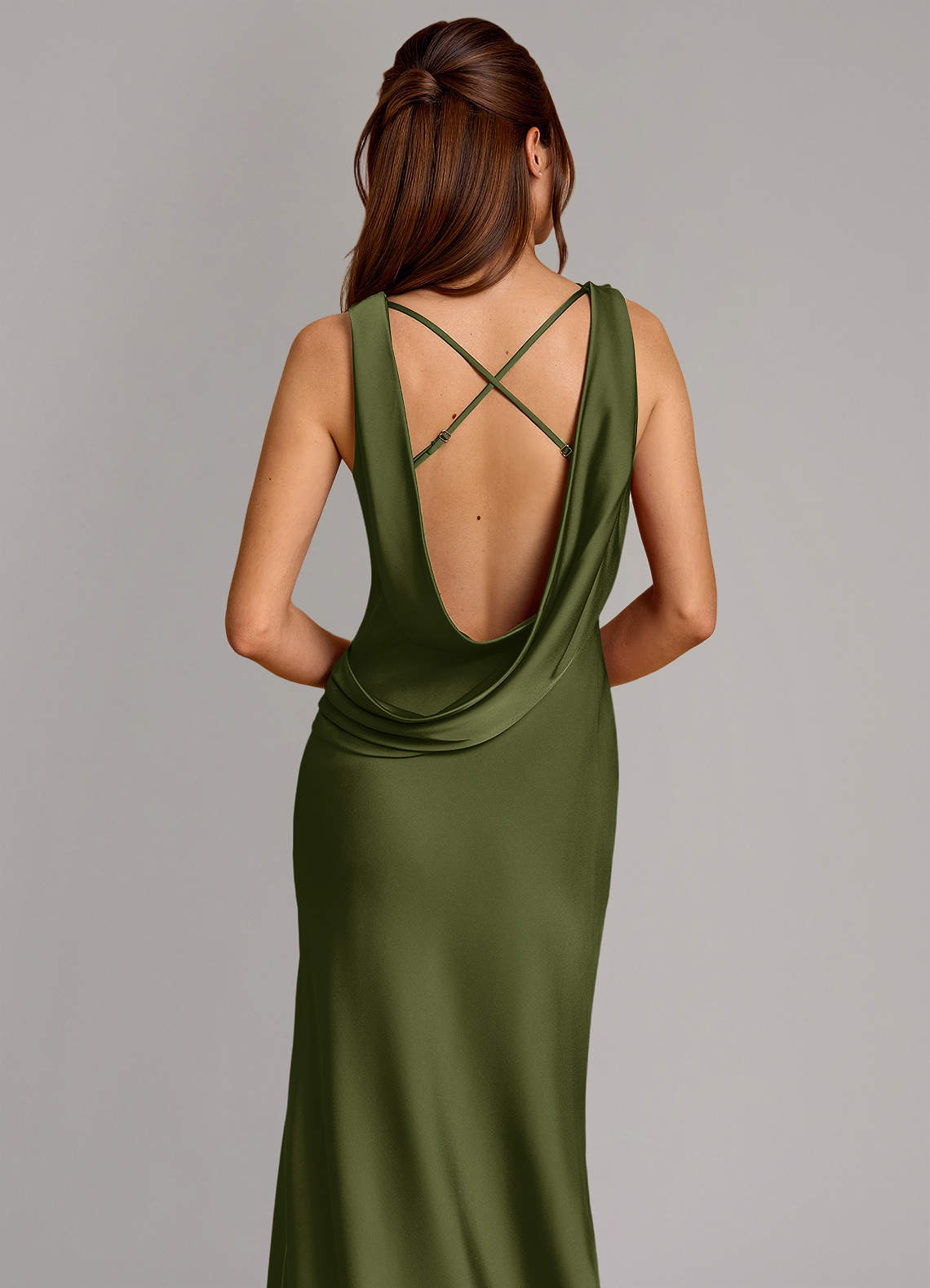Cheryl Mermaid Cowl-Neck Stretch Satin Bridesmaid Dress in Olive