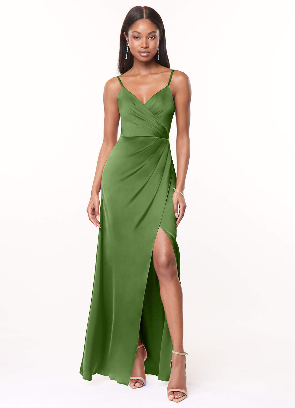 Maci A-Line V-Neck Stretch Satin Bridesmaid Dress in Basil