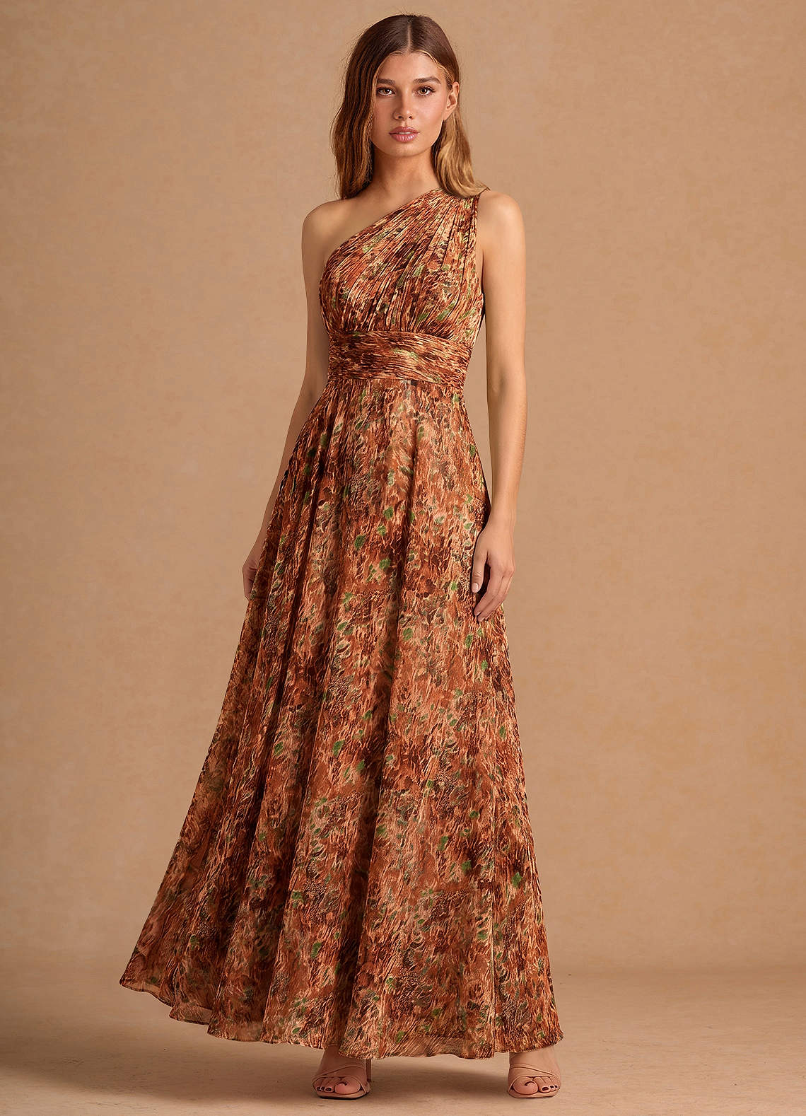 Noelle A-Line Twisted-Shoulder Chiffon Wedding Guest Dress in Truffle