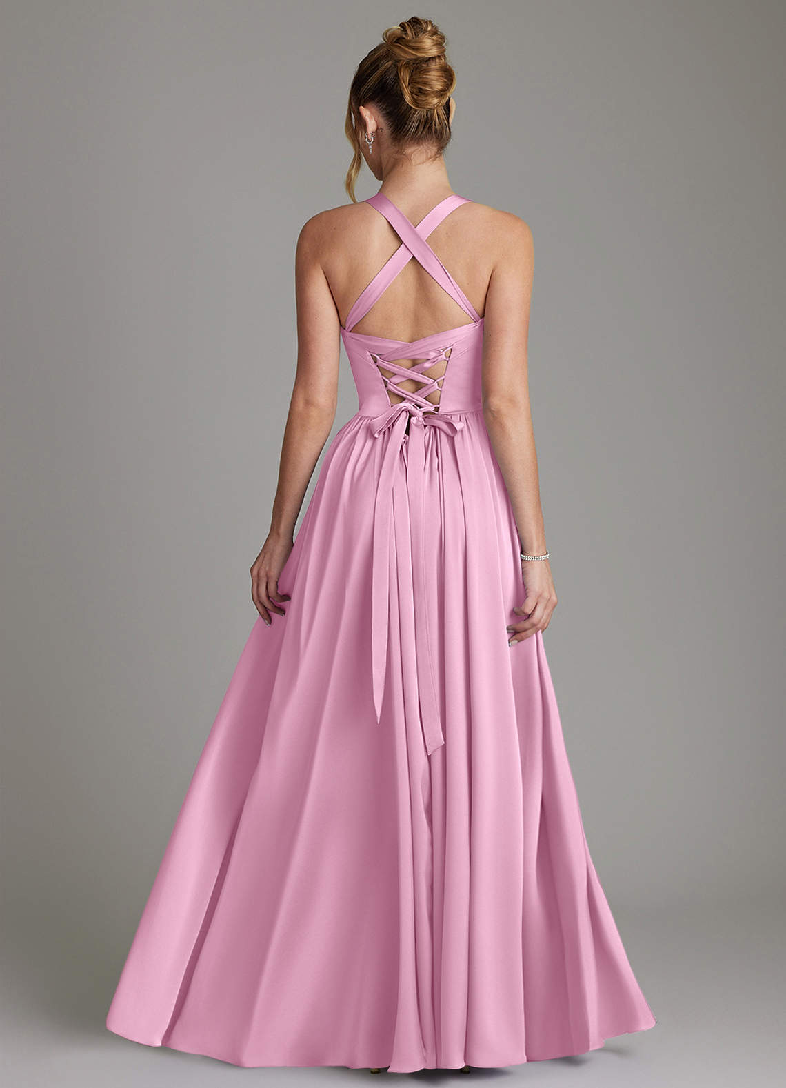 Francis A-Line V-Neck Stretch Satin Bridesmaid Dress in candy pink