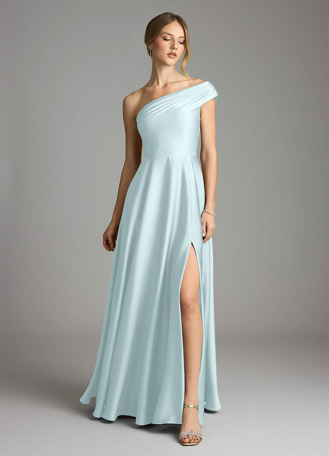 Melanie A-Line One-Shoulder Stretch Satin Bridesmaid Dress in Sea Glass