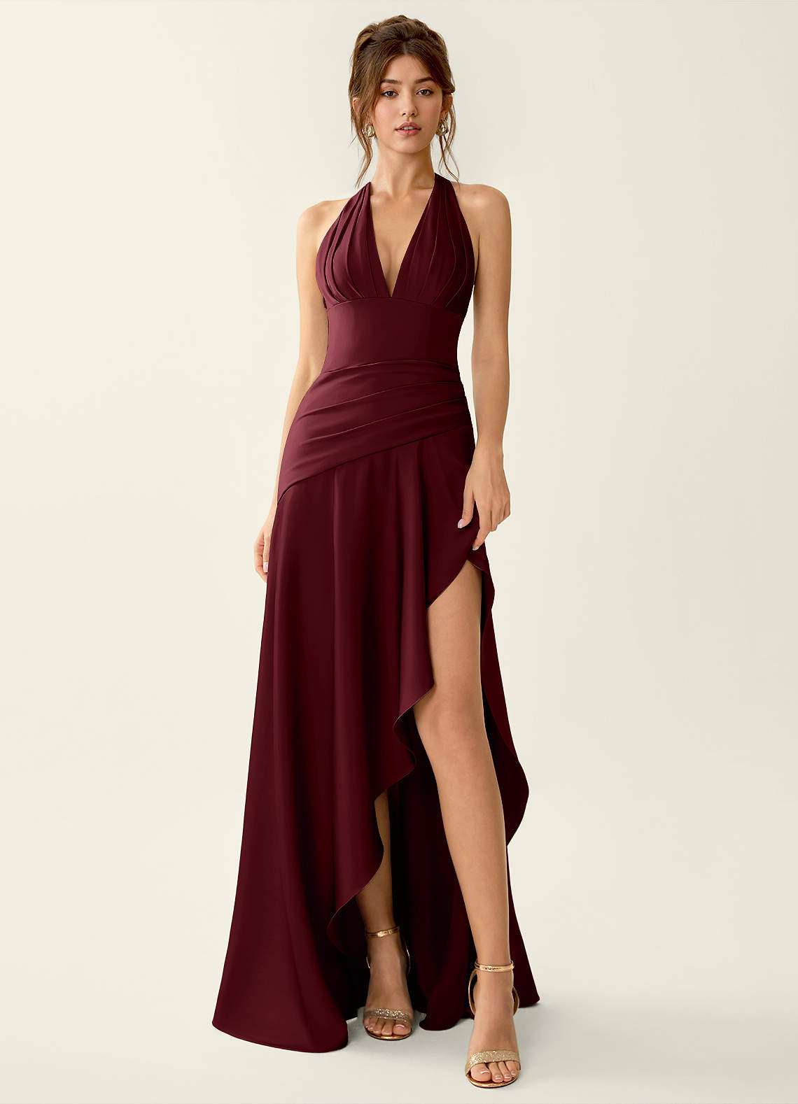 Titania Halter Asymmetric-Ruffle Satin Evening Dress in Wine