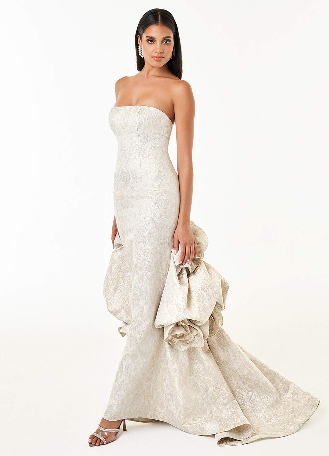Donatella Rosette Bustle-Train Metallic Brocade Evening Dress in Champagne