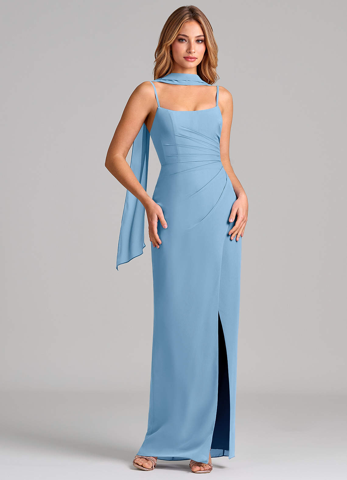 Calandra Sheath Scoop-Neck Chiffon Bridesmaid Dress in Steel Blue
