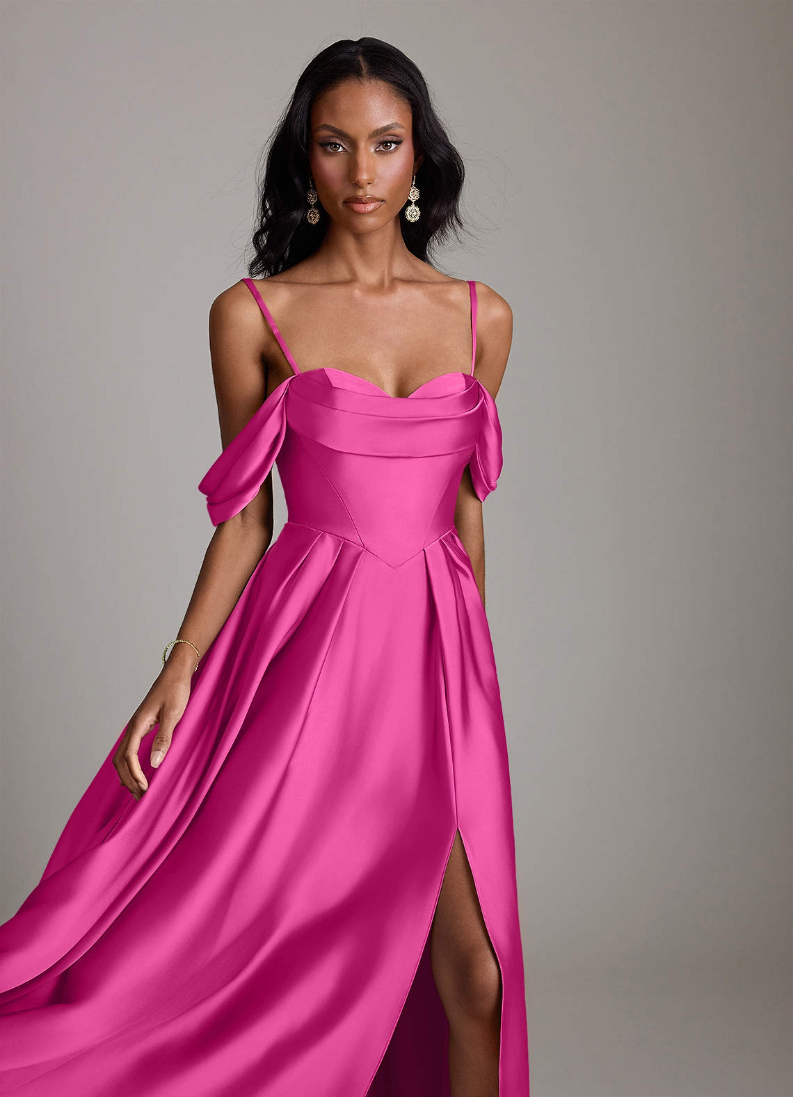 Loisa A-Line Off-the-Shoulder Stretch Satin Bridesmaid Dress in Fuchsia