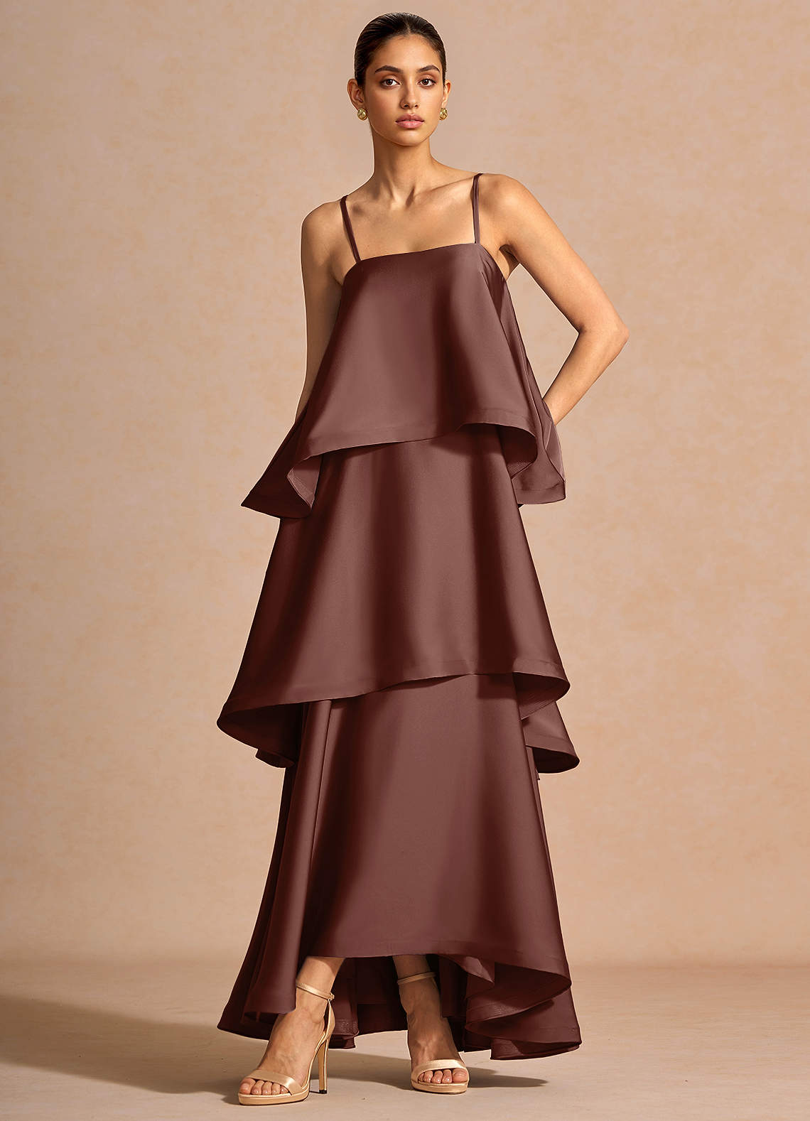 Itasca A-Line Tiered Stretch Satin Wedding Guest Dress in Mocha Coco
