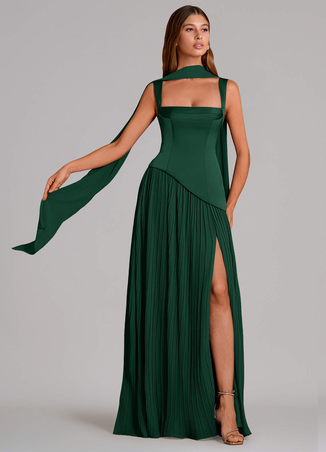 Stephanie A-Line Square-Neck Stretch Satin and Chiffon Bridesmaid Dress in Dark Green