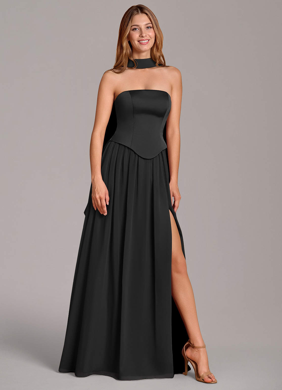 Cadence A-Line Strapless Chiffon and Stretch Satin Bridesmaid Dress in black