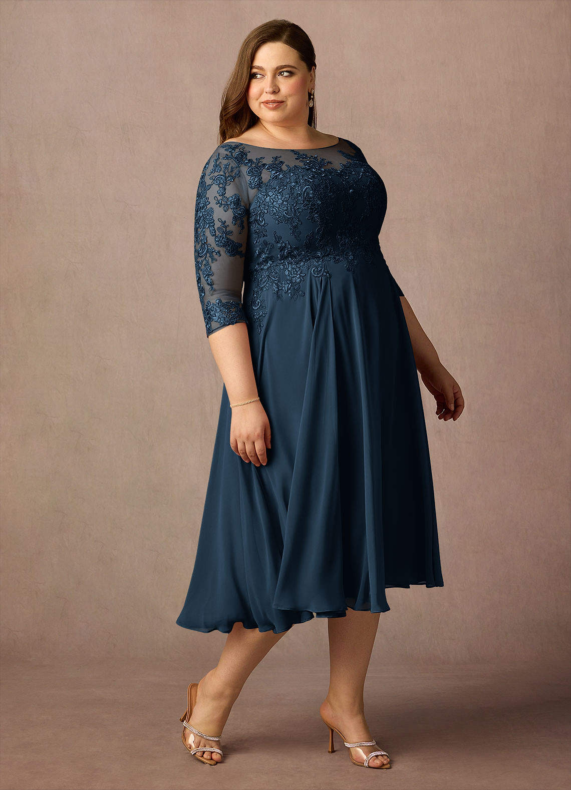 Marge A-Line Scoop-Neck Chiffon and Lace Mother of the Bride Dress in Dark Navy