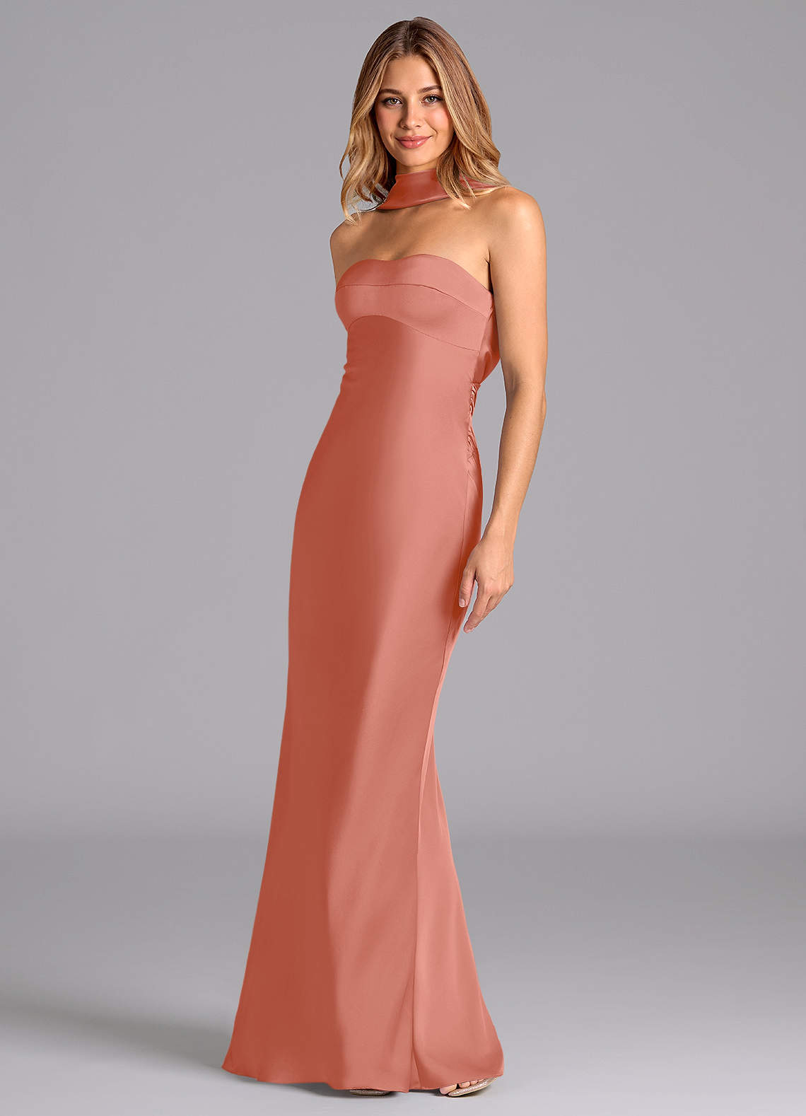 Lusinda Mermaid Strapless Stretch Satin Bridesmaid Dress in Salmon Pink
