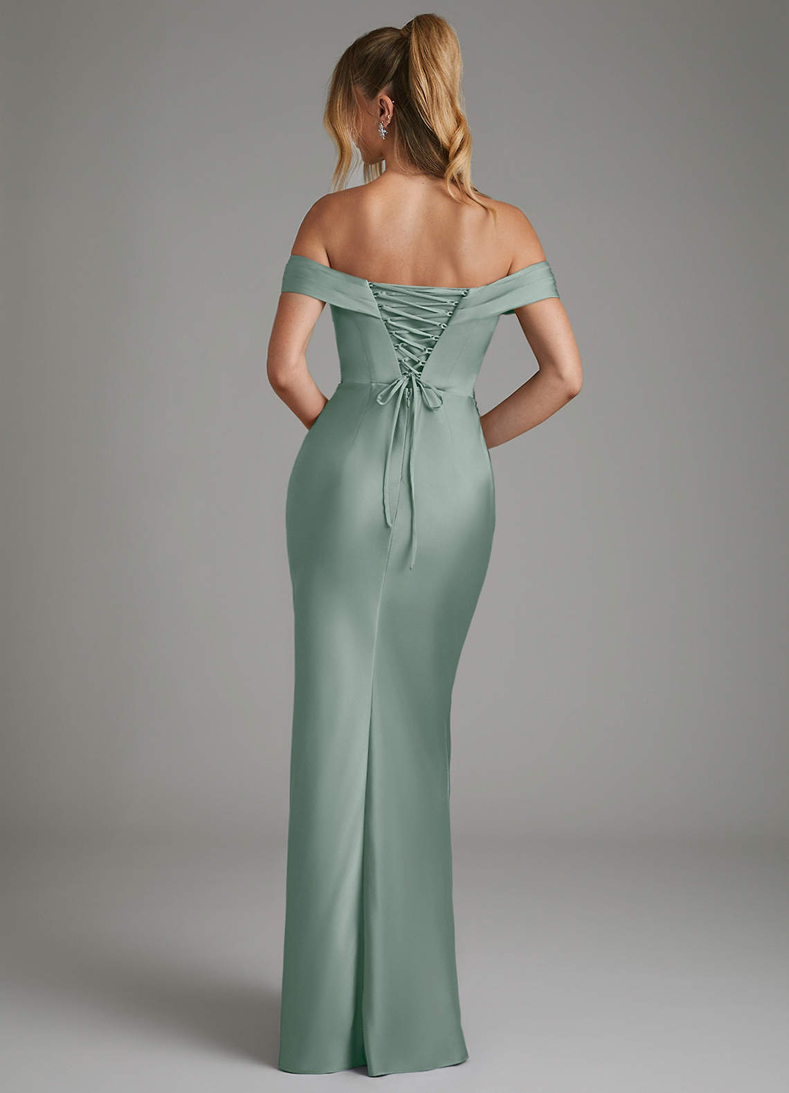 Hayden Mermaid Off-the-Shoulder Stretch Satin Bridesmaid Dress in Silver Sage