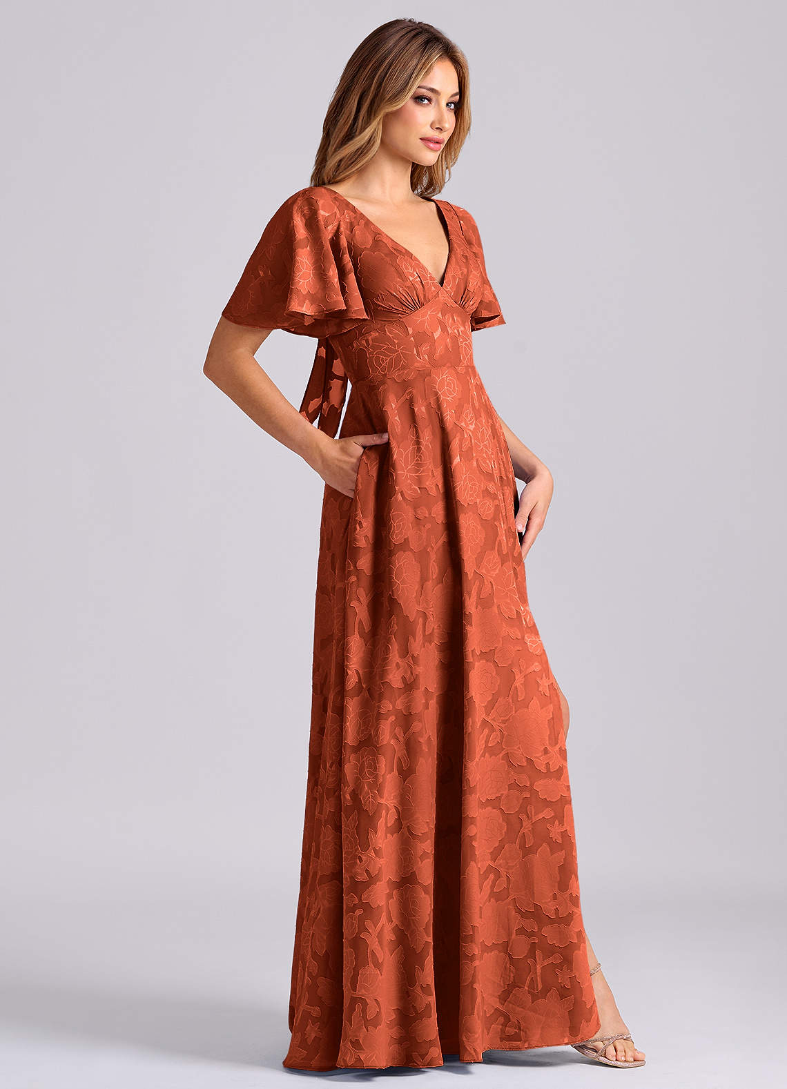 Kimber A-Line V-Neck Floral Burnout Bridesmaid Dress in Auburn