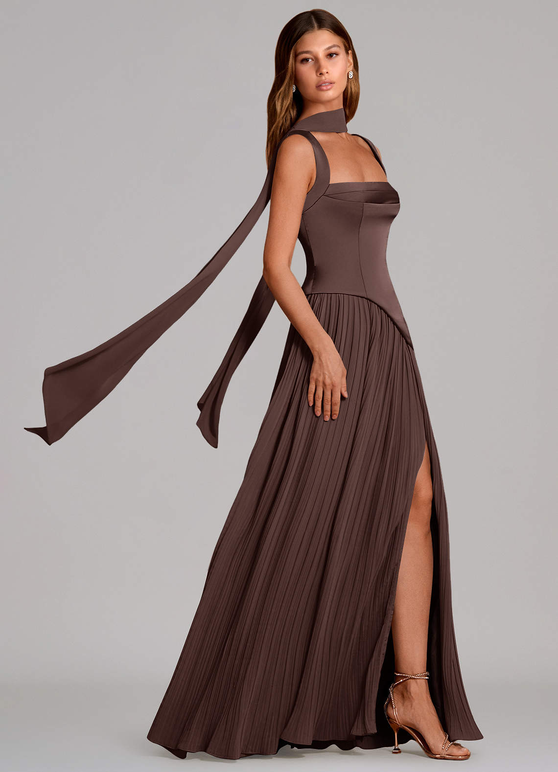 Stephanie A-Line Square-Neck Stretch Satin and Chiffon Bridesmaid Dress in Ganache